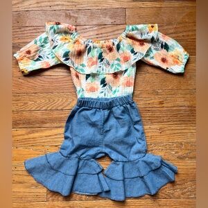 NWOT Baby Girl Floral Ruffle Top and Blue Denim Ruffle Bottoms Set size 0-3m